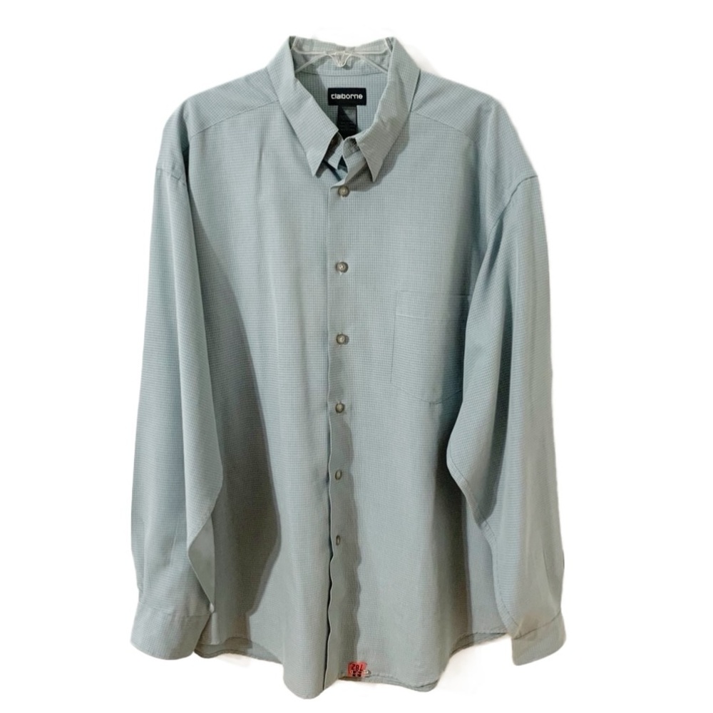 Claiborne Button Front Small Plaid Pointed Collar Dress Shirt Shirt Tail Hem
